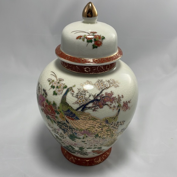 RARE Japan Satsuma Porcelain Temple Jar Lid Peacock Gold Cloisonné Style Asian - Picture 1 of 5